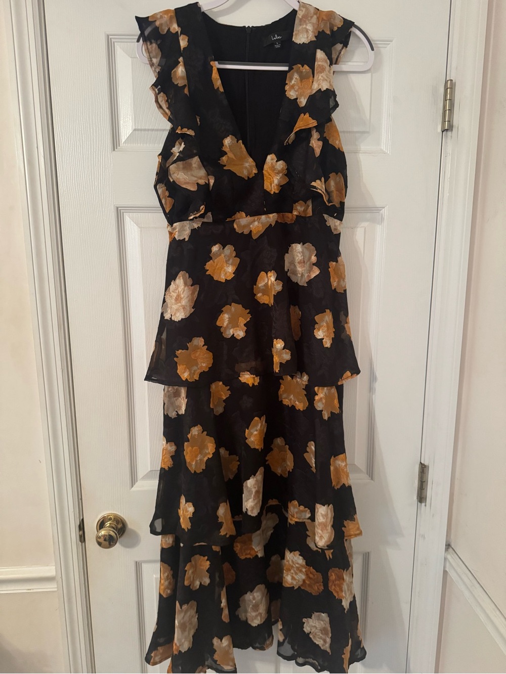 Lulu's Black Maxi Dress with Gold and Cream Floral Print